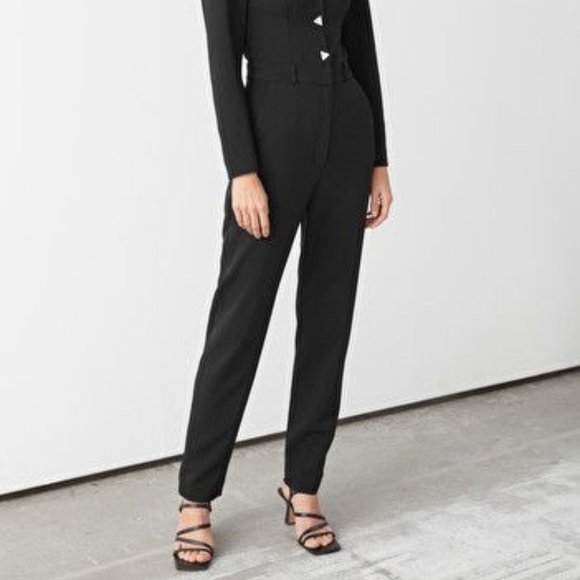 & Other Stories Padded Shoulder Sweetheart Neckline Jumpsuit Black - Picture 2 of 8